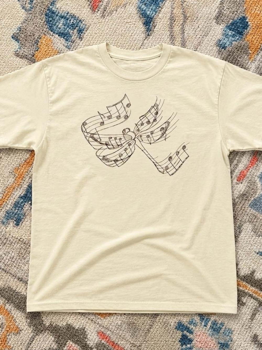 Gildan Off-White Graphic Tee with Dragonfly and Music Notes Design